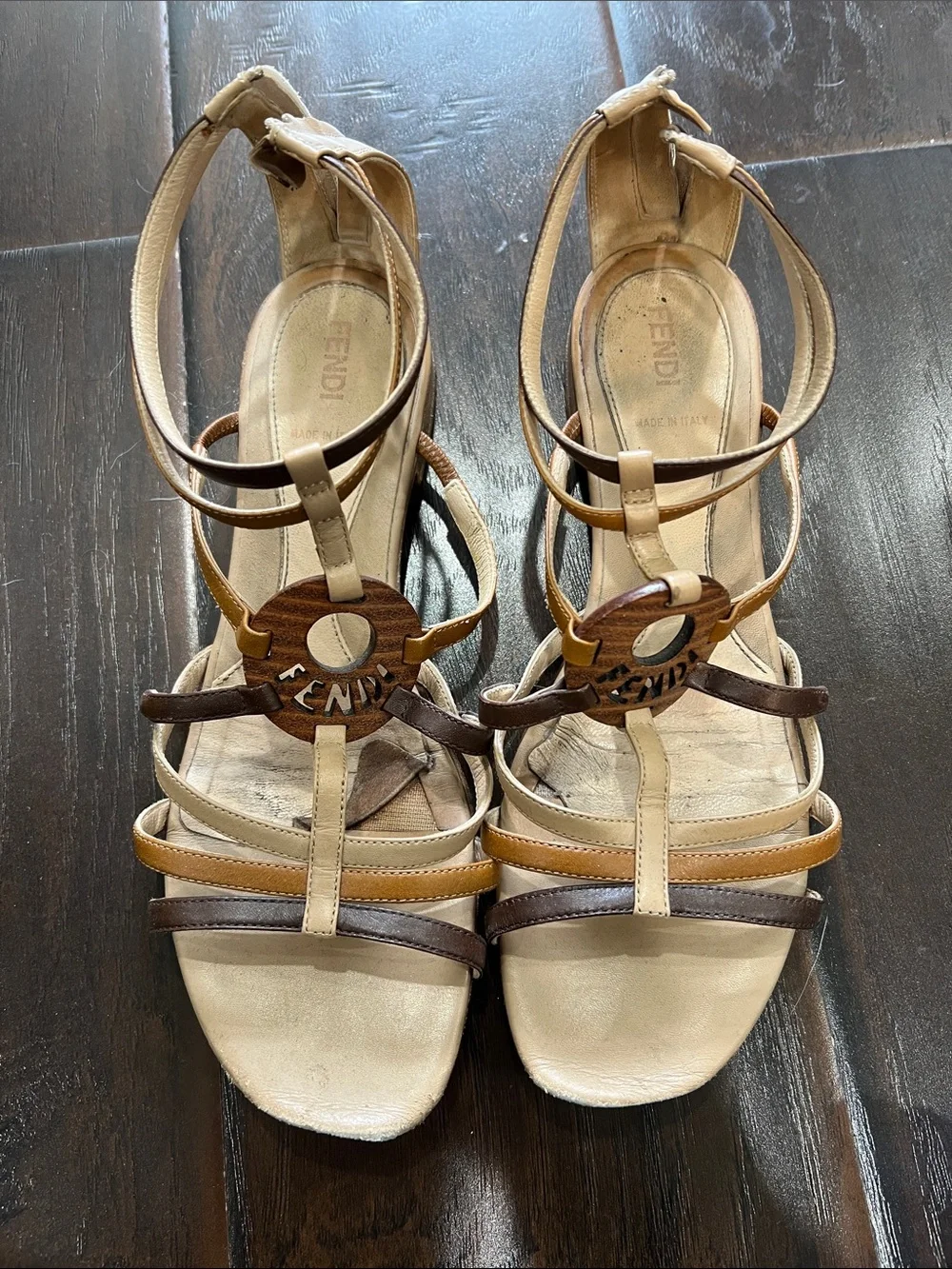 Fendi Gladiator Sandals with Wood Logo, size 39